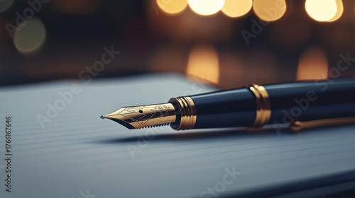 Elegant Fountain Pen on Notebook, Close-up Shot, Golden Nib, Dark Blue Barrel, Soft Bokeh Background