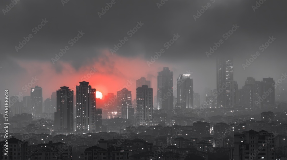 Fototapeta premium A city skyline at sunset with a red sun and a foggy background, featuring tall buildings and a mix of modern and older structures.