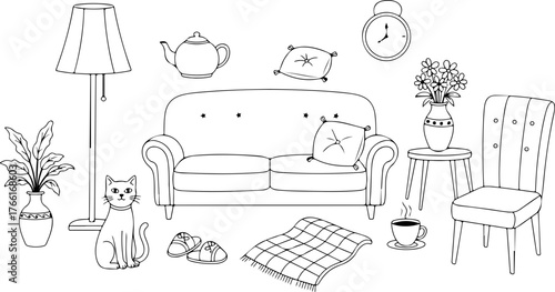 Cozy living room sketch with sofa, cat, and warm tea, creating a homely feeling with hand-drawn elements suitable for relaxation and comfort concepts