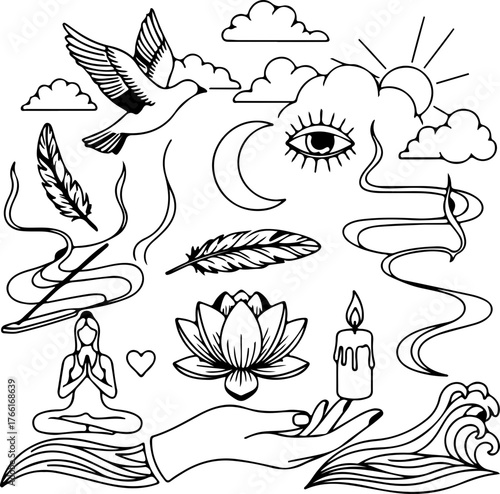 Mystical wellness set for meditation, yoga, and spiritual growth with symbolic elements, designed for relaxation and mindful living practices, vector based