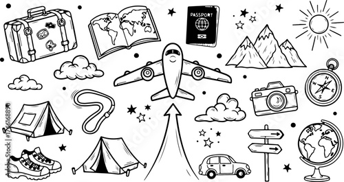 Dreamy travel adventures await! Pack your bags, explore the world, and create unforgettable memories with this charming doodle art vacation design