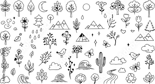 Delightful nature doodles collection perfect for whimsical designs, invitations, and creative projects, originally a scalable vector graphic for versatility