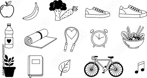 Healthy lifestyle elements promoting wellness and fitness goals, perfect for nutrition blogs, exercise guides, and health campaigns, originally vector graphics