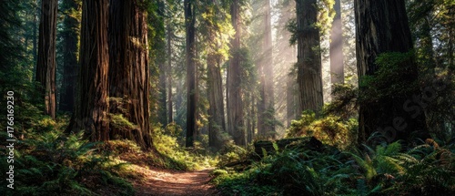 Sunlight streams through giant redwood trees in a lush green forest landscape