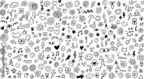 Playful doodle collection bursts with energy, ideal for creative projects and whimsical designs, adding a touch of fun and personality to any layout