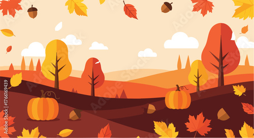 Pumpkins in autumn landscape field.