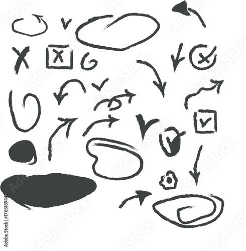 Collection of handdrawn arrows, checkmarks, and shapes isolated on a white background, representing concepts like direction, choices, and ideas