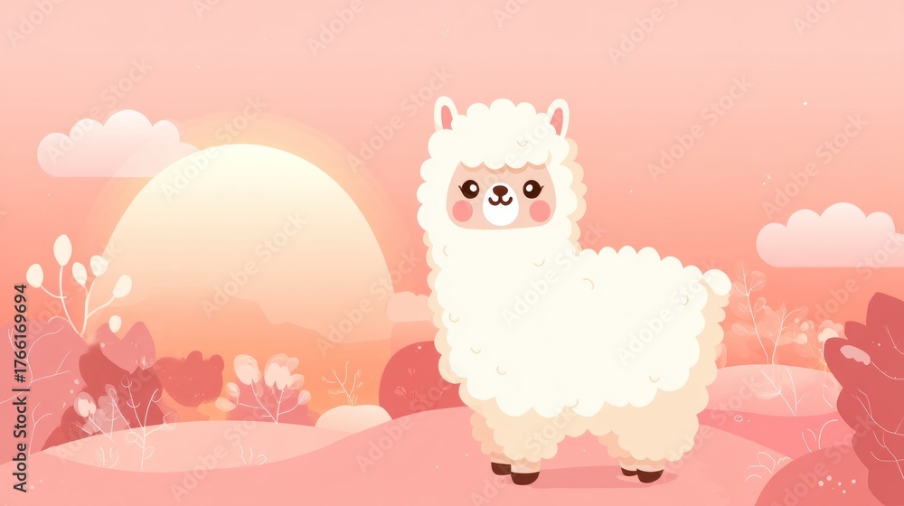 Obraz premium A cute, fluffy white alpaca stands in a pink, pastel-colored landscape with a large, round sun in the background, surrounded by trees and bushes.