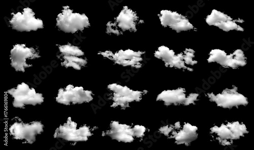 Collection of realistic white clouds isolated on black background, showing natural fluffy texture and soft edges, perfect for photo compositing, digital art, sky design, and weather visual effects.