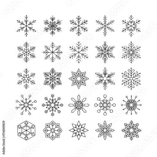 Snowflakes Outline Icon Set. Winter Geometric and Ornate Symbols Collection.