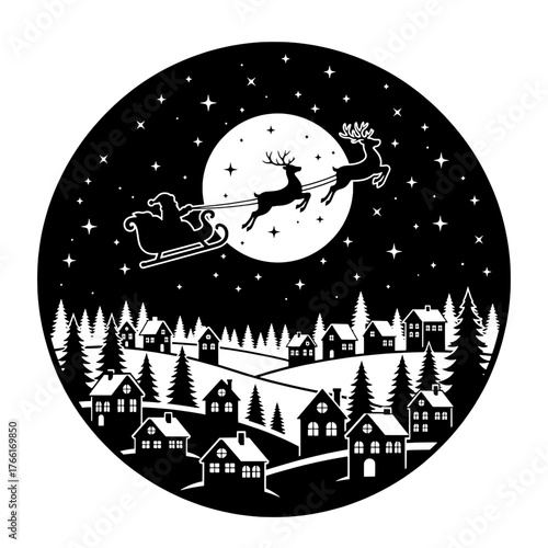 Santa Claus Sleigh Flying over Winter Village at Night Silhouette in Circle Frame.