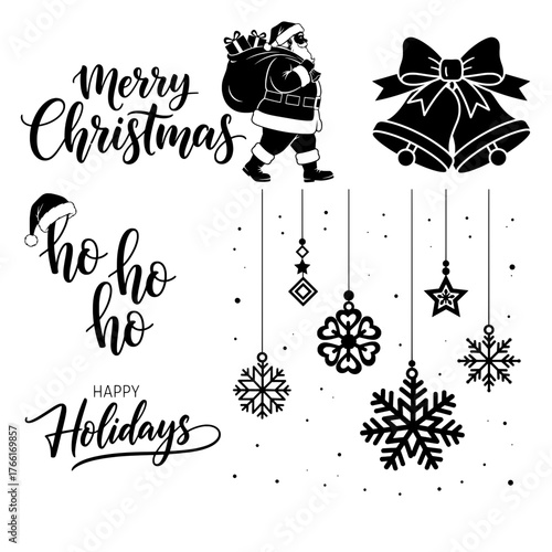 Christmas Black and White Design Elements Set. Santa Claus, Calligraphy, and Hanging Decorations.