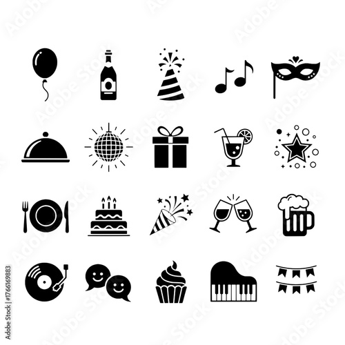 Party and Celebration Black Glyph Icons Set. Event and Holiday Symbols Collection