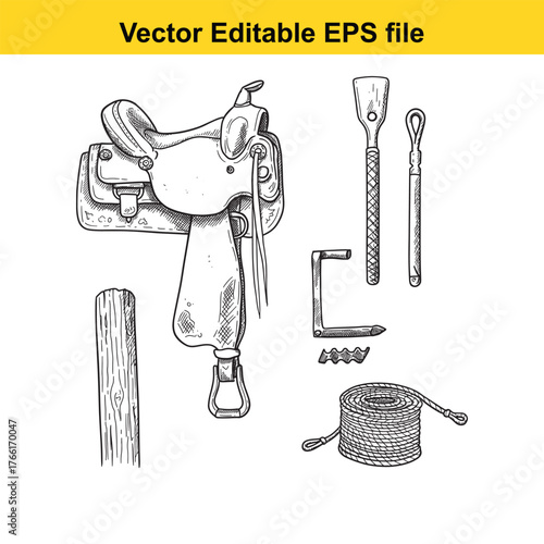 Vector art of a collection of cowboy saddle and horse riding equipment, including a saddle, rope, and wooden post