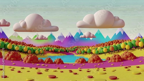 Vibrant 3D rendered landscape with rolling hills, colorful trees, a tranquil lake, and whimsical clouds casting soft shadows on a beautiful mountain range, evoking a sense of peace and natural beauty