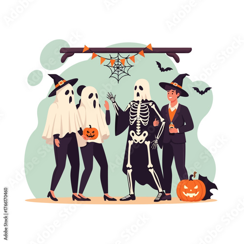 A group of friends in Halloween costumes, celebrating with pumpkins and decorations.
