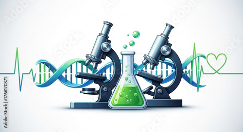 Scientific research and laboratory equipment, featuring microscopes, dna strands, and chemical solutions for innovation