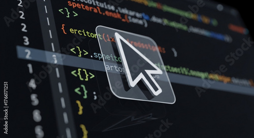 Closeup of computer screen with program code and mouse cursor software development, programming, coding, cybersecurity concept