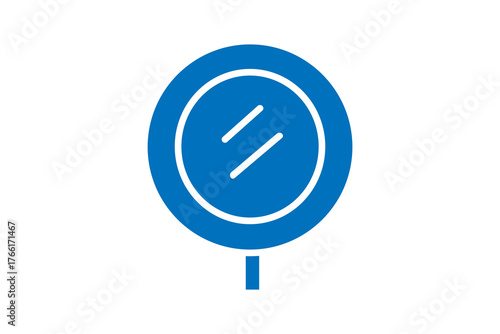 The image shows a flat blue icon of a standing round mirror, typically used in hotel rooms or dressing areas. It represents a vanity mirror or cosmetic mirror used for personal grooming.