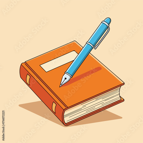 Blue pen on an orange book drawing suitable for education, school supplies, stationary, creativity, writing, back to school, and art concepts.