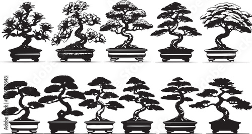 Bonsai Trees Vector Silhouettes Set Collection of 10 Japanese Miniature Potted Plants