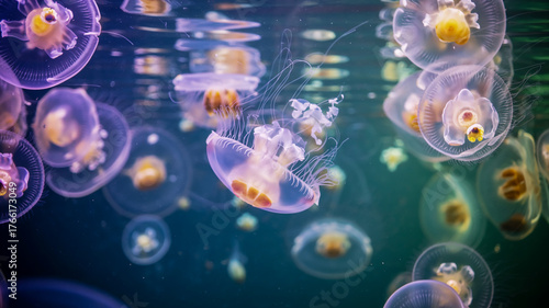 A close-up underwater photograph of multiple moon jellyfish floating in clear water.