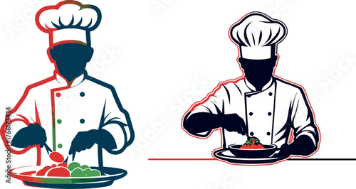 Chef in hat and uniform plating food: two styles, silhouette and detailed, cooking vector.  