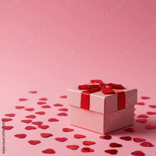 A charming closed gift box rests upon a soft pink backdrop, surrounded by scattered vibrant red heart confetti, symbolizing love, romance, and celebration ,romance ,wedding ,anniversary