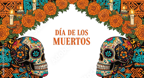 Vibrant illustration of two ornate sugar skulls with marigold flowers and candles for Día de los Muertos celebration.