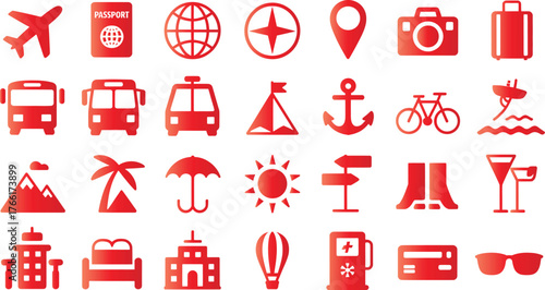 Collection of red travel and tourism themed vector icons set