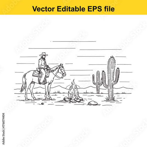 Vector art of sketch of a cowboy on horseback near a campfire and saguaro cacti in a desert landscape with mountains
