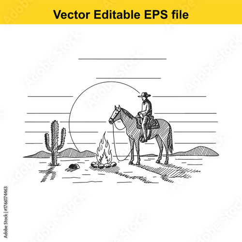 Vector art of cowboy on horseback with campfire and saguaro cactus in the desert at sunset, vector illustration