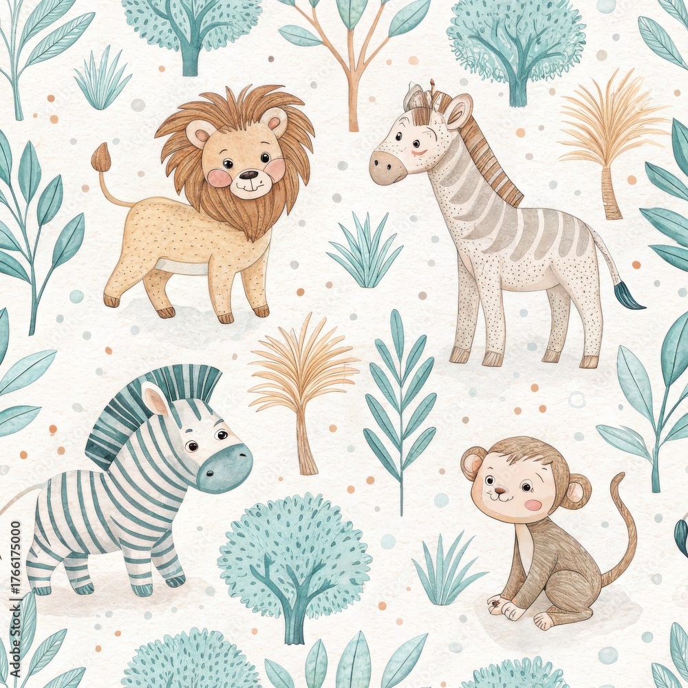Naklejka premium Watercolor seamless pattern depicting adorable safari animals lion zebras and a monkey in a jungle environment