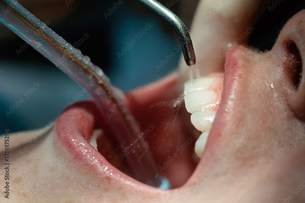 Fototapeta premium Close-up of professional air-flow dental cleaning using double water jet and suction tube. Concept of modern oral hygiene, preventive dentistry, and dental care.