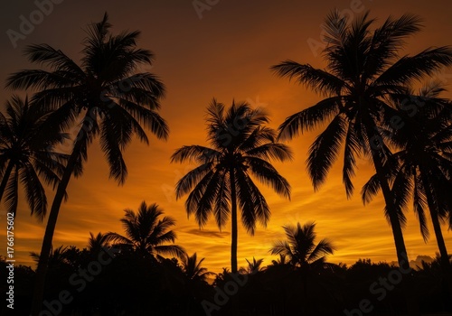 Vibrant tropical paradise scene featuring dark silhouettes of palm trees contrasted beautifully against a fiery, intensely golden sunset sky ,vibrant ,twilight ,orange