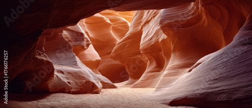 Natural sandstone formations in a canyon illuminated by soft sunlight