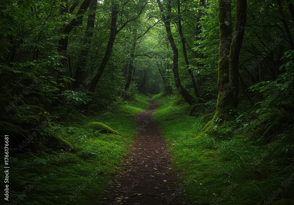 Fototapeta premium A secluded forest path covered in lush moss, evoking profound tranquility and deep isolation amidst dense emerald foliage ,calm ,vibrant ,undergrowth