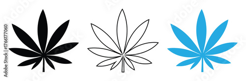Stylish cannabis leaf icon set for modern design projects,Vector art of cannabis leaf icons in black, outline, and blue,Vector cannabis outline, flat and green gradient