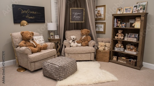 Cozy nursery interior featuring teddy bears, plush furniture, and warm home decor for a welcoming atmosphere