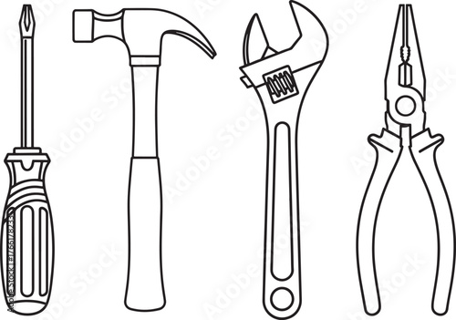 Collection of hand tools including screwdriver hammer adjustable wrench and pliers isolated on white