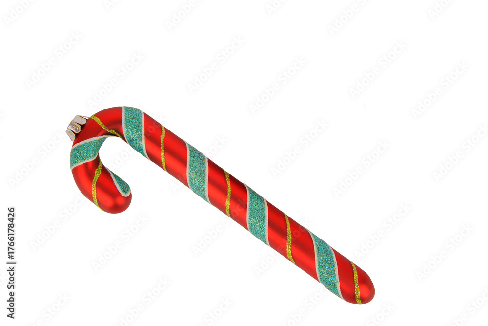 Fototapeta premium Red and green striped candy cane with glittery accents, isolated on white background. Festive and colorful Christmas ornament perfect for seasonal decorations, ads, and holiday designs.