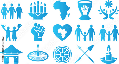 Collection of blue kwanzaa and african themed vector icons