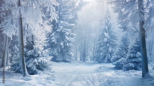 Winter Snow Scene Forest Photography: Capturing Serene, Magical Landscapes with Snow-Covered Trees, Frosty Pine Needles, and Soft Morning Light – Showcasing Snow-Dusted Branches,