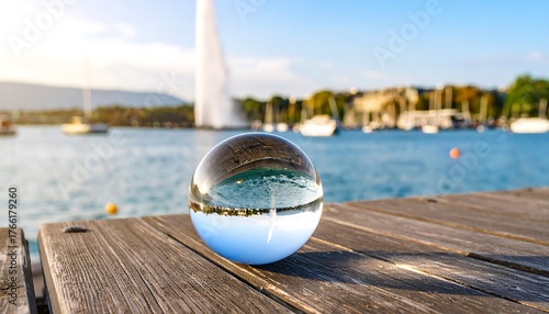 Geneva with Switzerland Jet dEau reflected in crystal ball on wooden pier, and sunny day.
