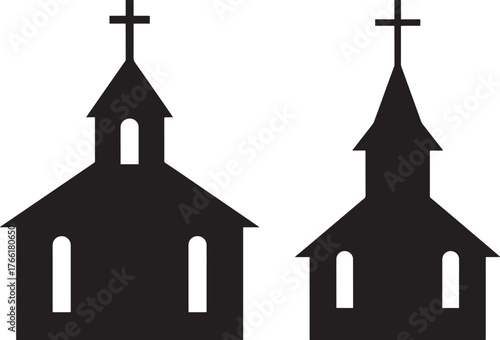 Two simple church building silhouettes with crosses silhouette