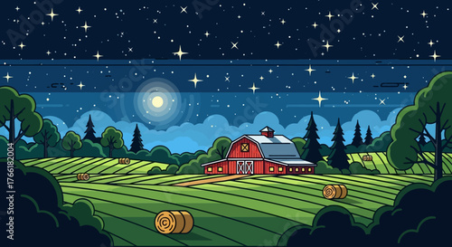 A picturesque nighttime landscape featuring a red barn, fields, and a starry sky.