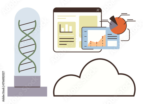 DNA helix, data charts, pie chart, and cloud represent biotechnology, data analysis, genetics, research, and innovation. Ideal for science analytics healthcare statistics education future tech