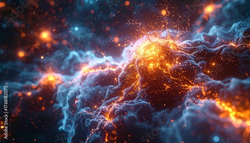 A dense patch of neuronal synapses firing (Object), visualized as a cosmic dust cloud with tiny, star-like electrical sparks (Ornament). The background is the dark, convoluted tissue of the brain. Sup
