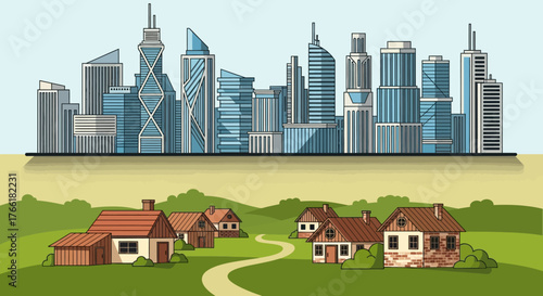 A conceptual illustration contrasting a modern urban city skyline with a peaceful rural village in the countryside.