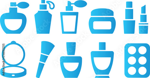 Illustration of various blue cosmetic products on white background